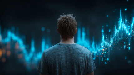 A man viewed from behind studies a glowing holographic stock market graph, symbolizing financial analysis, strategy, data insight, and futuristic business intelligence.