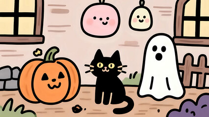 Charming Halloween Trio Cat Pumpkin And Ghost