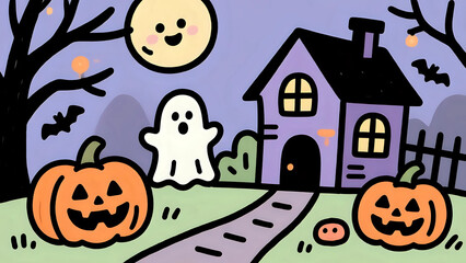 Cute Halloween Night Scene With Ghost And Pumpkins