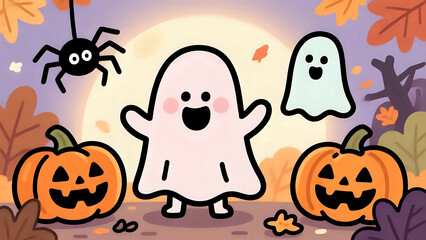 Cute Halloween Ghosts And Pumpkins Under A Full Moon
