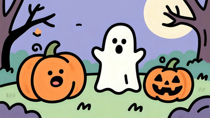 Halloween Night With Adorable Ghost And Pumpkins