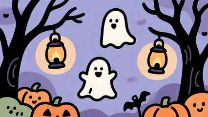 Whimsical Halloween Night With Friendly Ghost And Pumpkins
