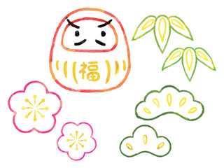 年賀素材セット　ダルマと松竹梅　かわいいスタンプ風手描きイラスト