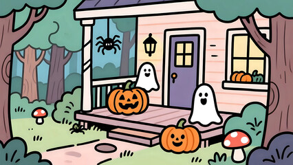 Cute Halloween Porch With Ghost And Pumpkins