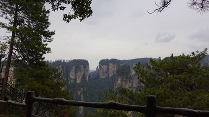 The sandstone pillars of the Zhangjiajie National Forest Park in Hunan Province, China, This UNESCO World Heritage site is famous for its unique geological formations, famous Tianzi mountains