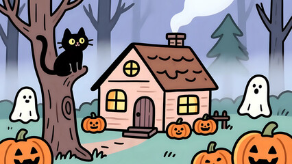 Cute Halloween House With Spooky Friends
