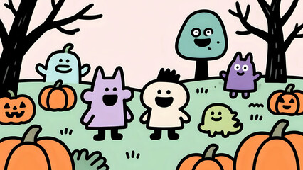 Cute Cartoon Halloween Friends In A Whimsical Pumpkin Patch