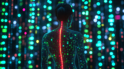 Back view of a transparent human body with glowing digital circuits revealing cybernetic anatomy representing futuristic technology, bioengineering, digital human, and sci-fi medical visualization