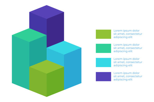 Infographic displaying series of colorful cubes in various shades, representing data visually. Design using modern style for clear communication of information