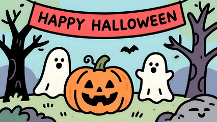 Happy Halloween Scene With Cute Ghosts And Pumpkin