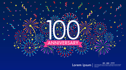 100th years anniversary celebration emblem. anniversary logo isolated with colorful stars and fireworks twinkle, sparkle and ribbon. vector illustration template design for web 