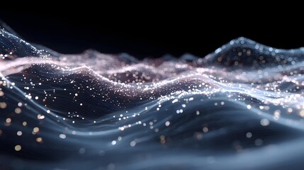 wave of small particles forming abstract landscape, futuristic digital motion, glowing lines, 4K,
