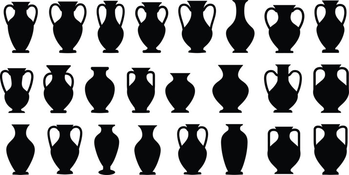 Collection of ancient ceramic vase silhouettes with different shapes and handles, black vector illustration design for pottery, decoration, history, and art themes