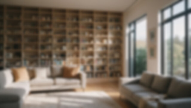 Blured background of bookshelf in living room with modern theme without any human, bright light.