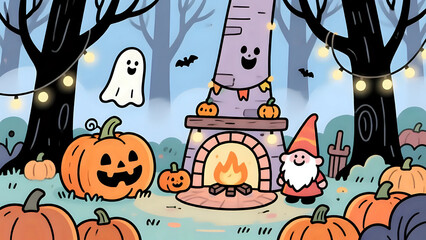 Cozy Halloween Forest Gathering With Ghost and Gnome
