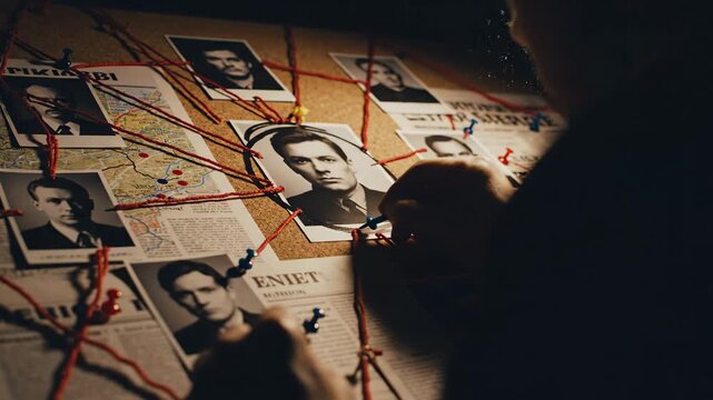 Investigative Crime Board - A dimly lit scene shows a detective working on a corkboard filled with black-and-white video, documents, and a map connected by red string and pushpins.