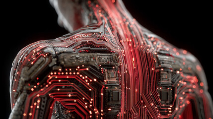 Back view of a transparent human body with glowing digital circuits revealing cybernetic anatomy representing futuristic technology, bioengineering, digital human, and sci-fi medical visualization
