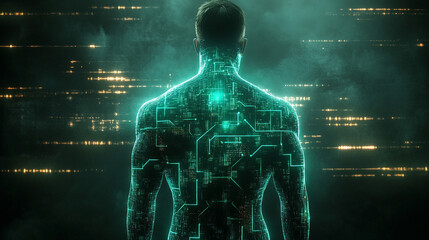 Back view of a transparent human body with glowing digital circuits revealing cybernetic anatomy representing futuristic technology, bioengineering, digital human, and sci-fi medical visualization