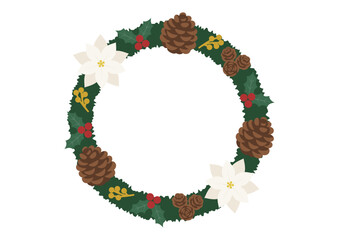 白いポインセチアがアクセントのリース/冬の植物で作られたナチュラルな飾り