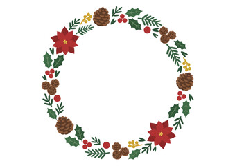 赤いポインセチアと木の実をあしらったフレーム風リース/植物で作られたナチュラルな飾り