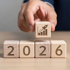 Hand placing 2026 growth block with rocket icon, symbolizing business success and future goals
