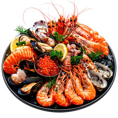 A luxurious nordic seafood platter with smoked salmon, shrimp, and herring on a dark slate, elegantly isolated on white background