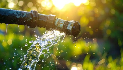 Water spraying from a hose in the sunlight.
