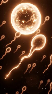 Sperm Fertilizing Egg Cell with Glowing Orange Light on Black Background Reproduction and Genetic Material Medical Visualization of Human Biology and Fertility Process Around The World