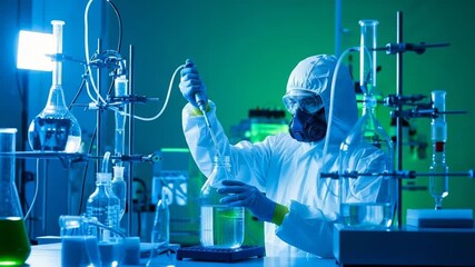 Scientist in protective suit and mask performs experiment in laboratory