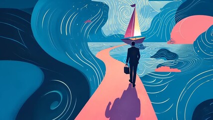 Businessman walking along a vibrant path towards a colorful sailboat on a swirling ocean backdrop
