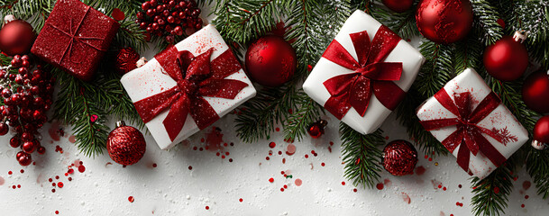 Christmas fir branches, gift boxes with red ribbon, red decoration, sparkles and confetti on white background. Xmas and New Year greeting card, winter holiday. Flat lay, top view