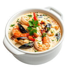 A creamy scandinavian seafood stew with a variety of fish and shellfish, beautifully isolated on white background