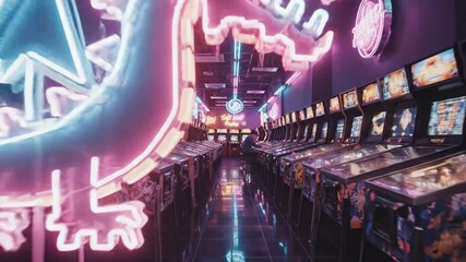People playing arcade games with neon lighting and vibrant colors - Powered by Adobe