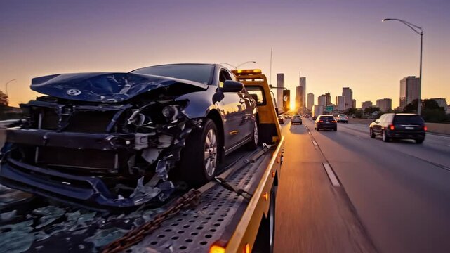 Damaged Car on Tow Truck at Sunset - A damaged car is securely fastened on a tow truck, moving along a highway during sunset.