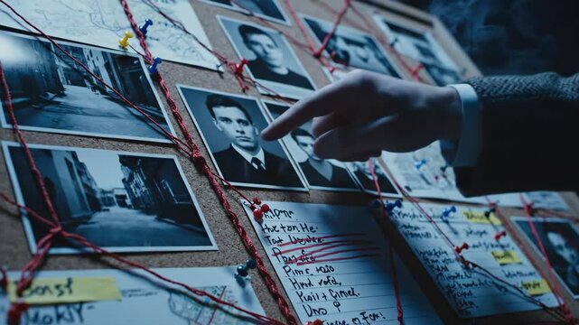 Detective Evidence Board with Photographs and Notes - The video shows a detective's evidence board filled with black and white photographs and handwritten notes.