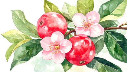 Watercolor painting of ripe red crabapples and delicate pink blossoms on a branch with green leaves.