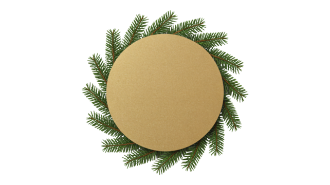 Festive circular frame with evergreen branches and blank golden space for text