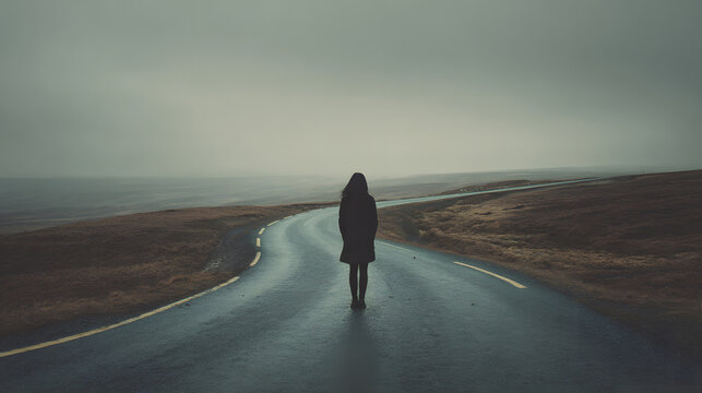 A lone figure walks into the mist on a winding mountain road - Powered by Adobe