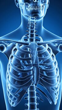 X-Ray Anatomy of Human Thorax with Rib Cage, Spine, and Scapula Seen on Blue Background for Medical Visualization and Anatomical Study Perfect for Healthcare Presentations and Education, no faces