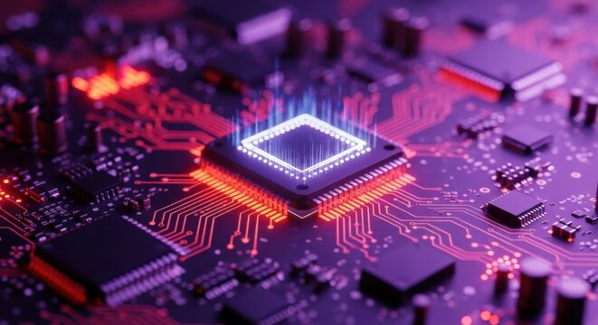 Glowing computer processor on a circuit board with neon lights