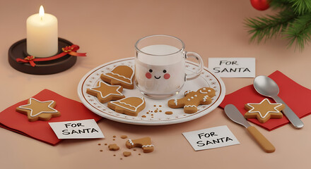 Milk and cookies for santa claus on a plate with star and gingerbread man shapes, ready for christmas eve