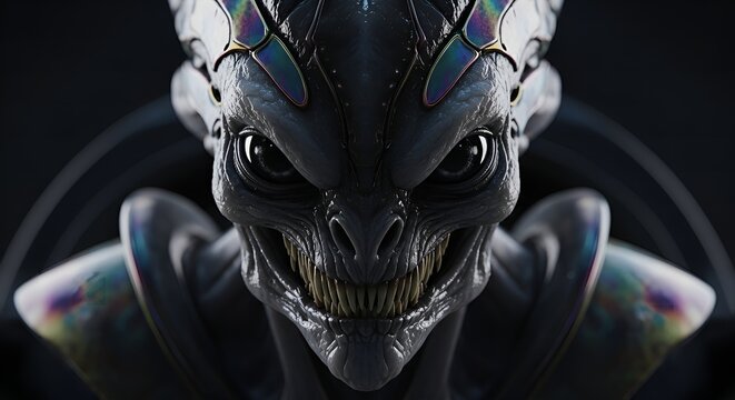 Dark Detailed Close up Alien Creature Face Digital Art Illustration
