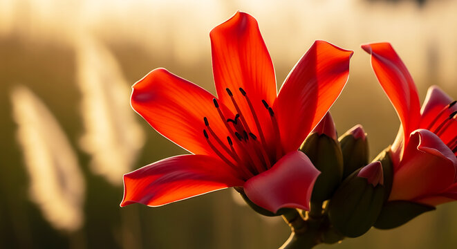 close-up of bright red ceibo flower glowing under sunlight, soft bokeh of pampas grass in background, warm South American light