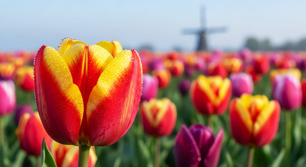 Macro tulip in full bloom, morning dew sparkle, soft-focus field of colorful tulips behind, iconic Dutch windmill faintly visible in background