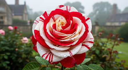 Close up Tudor rose with perfect petal symmetry and gentle raindrops in misty English garden evoking vintage royal elegance