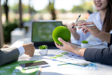 Business team discussing sustainability strategy holding green sphere
