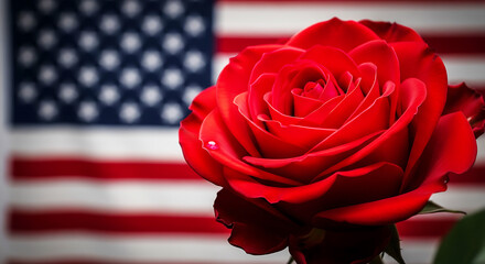 Macro shot of vibrant red rose bloom with detailed velvet petals under natural light and softly blurred American flag background symbolizing passion and strength