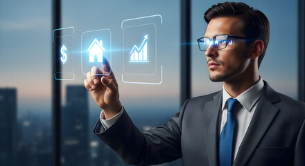 Professional man in suit interacting with virtual real estate and finance icons in a modern office