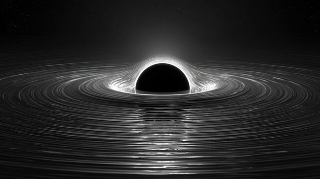 Black hole visualization with swirling distorted reflections and gravitational lensing creating a cosmic, surreal, and dynamic scene representing space, astrophysics, and futuristic digital aesthetics