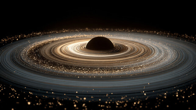 Black hole visualization with swirling distorted reflections and gravitational lensing creating a cosmic, surreal, and dynamic scene representing space, astrophysics, and futuristic digital aesthetics